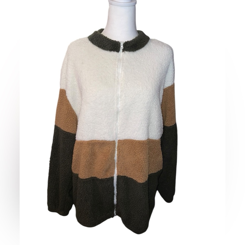 SHEIN Curve brown white and green color block teddy bear zip up size 0XL